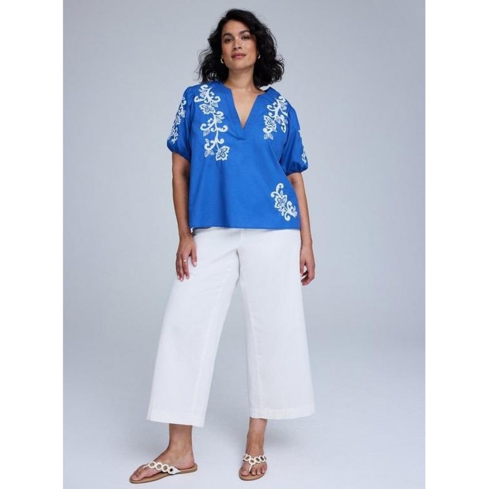 Belle Isle by Torrid Blue Embroidered V-Neck Puff Sleeve Cotton Blouse Top 0 XL